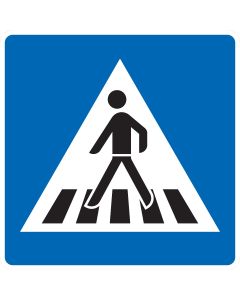 Selbstklebender VZ-350-10-Aufkleber Fußgängerüberweg mit schwarzer Person auf Zebrastreifen, weißem Dreieck und blauem Hintergrund