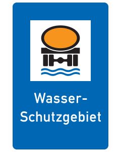 Verkehrszeichen Nr. 354 „Wasserschutzgebiet“ mit Gefahrgut- und Wasserschutzsymbol sowie der Aufschrift „Wasser-Schutzgebiet“.