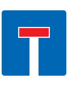 Blaues Verkehrszeichen 357 Sackgasse mit weißem Straßenverlauf und rotem Querbalken