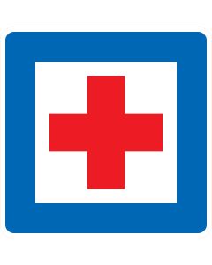 Verkehrszeichen Nr. 358 „Erste Hilfe“ mit rotem Kreuz auf weißem Symbolfeld und blauem Hintergrund.