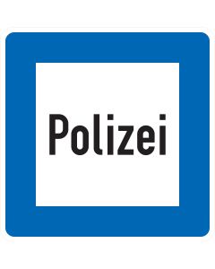 Verkehrszeichen Nr. 363 „Polizei“ mit schwarzer Schrift auf weißem Symbolfeld und blauem Richtzeichen.