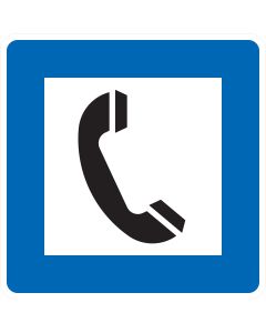 Verkehrszeichen Nr. 365-50 „Fernsprecher“ mit Telefonsymbol auf blauem Richtzeichen.