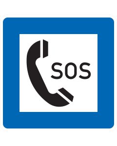 Verkehrszeichen Nr. 365-51 „Notrufsäule“ mit SOS-Telefonsymbol als blaues Richtzeichen.