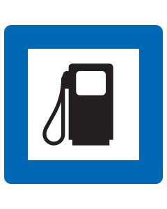Verkehrszeichen Nr. 365-52 „Tankstelle“ mit Zapfsäulensymbol als blaues Richtzeichen.