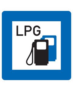 Verkehrszeichen Nr. 365-53 „Tankstelle mit Autogas (LPG)“ mit Zapfsäulensymbol.