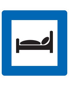 Blaues Verkehrszeichen 365-55 Autobahnhotel mit schwarzem Bettsymbol auf weißem Feld