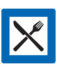 Blaues Richtzeichen Verkehrszeichen 365-56 „Autobahngasthaus“ mit Messer-und-Gabel-Symbol zur Wegweisung auf ein Autobahngasthaus.
