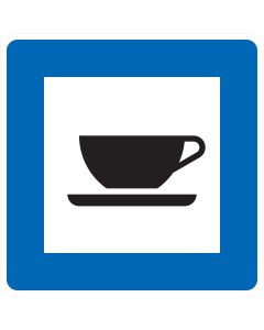 Blaues Richtzeichen Verkehrszeichen 365-57 „Autobahnkiosk“ mit weißem Quadrat und schwarzem Kaffeetassen-Symbol zur Kennzeichnung eines Kiosks an einer Autobahn-Rastanlage.