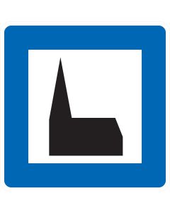 Verkehrszeichen Nr. 365-59 „Autobahnkapelle“ – blaues StVO-Richtzeichen mit weißem Symbol einer Kapelle für die Wegweisung auf Autobahnen