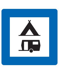 Verkehrszeichen Nr. 365-60 „Zelt- und Wohnwagenplatz“ – blaues StVO-Richtzeichen mit Symbol eines Zeltes und Wohnwagens zur Kennzeichnung eines Camping- oder Wohnwagenplatzes