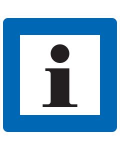 Verkehrszeichen Nr. 365-61 „Informationsstelle“ – blaues StVO-Richtzeichen mit weißem Quadrat und schwarzem Informationssymbol (i) zur Kennzeichnung einer Informationsstelle
