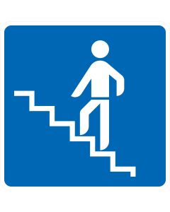 Verkehrszeichen Nr. 365-64 „Fußgängerüberführung“ – blaues StVO-Richtzeichen mit weißem Fußgängersymbol auf einer Treppe als Hinweis auf eine Fußgängerüberführung