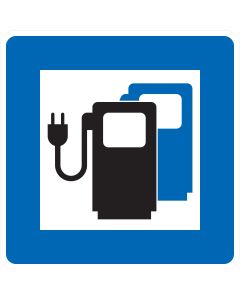 Verkehrszeichen Nr. 365-65 „Ladestation für Elektrofahrzeuge“ – blaues StVO-Richtzeichen mit Ladesäule, Netzstecker und Batteriesymbol zur Kennzeichnung einer E-Ladestation