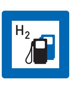Verkehrszeichen Nr. 365-66 „Wasserstofftankstelle“ – blaues StVO-Richtzeichen mit H₂-Symbol und Zapfsäule zur Kennzeichnung einer Wasserstofftankstelle