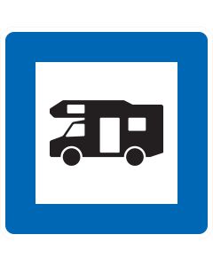 Verkehrszeichen Nr. 365-67 „Wohnmobilplatz“ – blaues StVO-Richtzeichen mit Wohnmobil-Symbol zur Kennzeichnung eines Wohnmobilstellplatzes