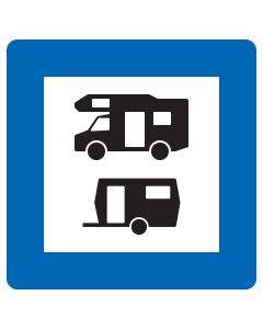 Verkehrszeichen Nr. 365-68 „Wohnmobil- und Wohnwagenplatz“ – blaues StVO-Richtzeichen mit Symbolen für Wohnmobil und Wohnwagen zur Kennzeichnung eines gemeinsamen Stellplatzes
