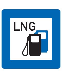 Verkehrszeichen Nr. 365-69 „Tankstelle mit Flüssigerdgas (LNG)“ – blaues StVO-Richtzeichen mit LNG-Schriftzug und Zapfsäulen-Symbol zur Kennzeichnung einer LNG-Tankstelle