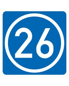 Blaues Verkehrszeichen 406-50 mit weißem Kreis und beispielhafter Knotenpunktnummer 26