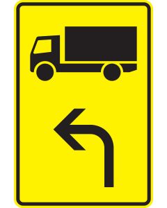 Verkehrszeichen Nr. 442-10 „KFZ mit einer zulässigen Gesamtmasse über 3,5 t – linksweisend“ – gelbes StVO-Richtzeichen als Vorwegweiser mit Lkw-Symbol und Linksrichtung