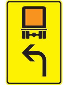 Verkehrszeichen Nr. 442-11 „Kennzeichnungspflichtige Fahrzeuge mit gefährlichen Gütern – linksweisend“ – gelbes StVO-Richtzeichen als Vorwegweiser mit Gefahrgut-Symbol und Linksrichtung