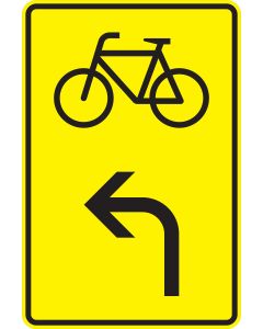 Gelbes Verkehrszeichen 442-13 mit schwarzem Fahrradsymbol und linksweisendem Abbiegepfeil für eine Radverkehrsumleitung