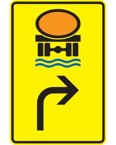 Verkehrszeichen Nr. 442-22 „Fahrzeuge mit wassergefährdender Ladung – rechtsweisend“ mit Gefahrgut-Symbol und rechtsweisendem Pfeil auf gelbem rechteckigem Richtzeichen.