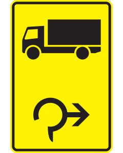 Verkehrszeichen Nr. 442-24 „Kfz über 3,5 t – im Kreisverkehr rechtsweisend“ als gelber Umleitungswegweiser für den Schwerverkehr nach StVO.