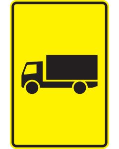 Verkehrszeichen Nr. 442-50 „KFZ mit einer zulässigen Gesamtmasse über 3,5 t – ohne Pfeilsymbol“ mit schwarzem Lkw-Symbol auf gelbem rechteckigem Richtzeichen ohne Fahrtrichtungsangabe.