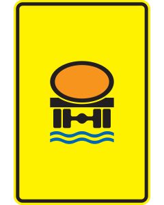 Verkehrszeichen 442-52 „Fahrzeuge mit wassergefährdender Ladung – ohne Pfeilsymbol“ auf gelbem rechteckigem Wegweiser mit Gefahrgut- und Wasserschutzsymbol.