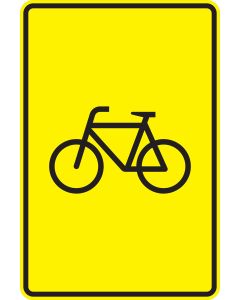 Verkehrszeichen Nr. 442-53 „Radverkehr – ohne Pfeilsymbol“ mit schwarzem Fahrradsymbol auf gelbem rechteckigem Wegweiser ohne Richtungsangabe.