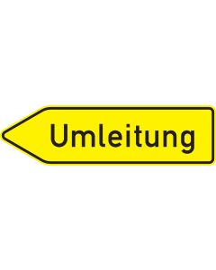 Gelbes Verkehrszeichen 454-10 Umleitungswegweiser mit linksweisendem Pfeil und Aufschrift Umleitung