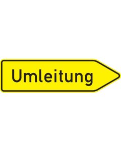 Selbstklebender gelber VZ-454-20-Umleitungswegweiser mit schwarzem Schriftzug und nach rechts zeigender Pfeilspitze