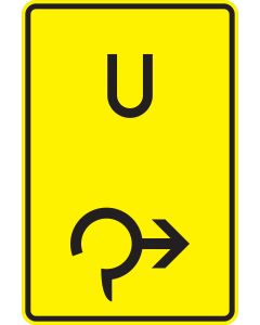 Gelbes Verkehrszeichen 455.1-23 mit schwarzem U und Kreisverkehrspfeil zur rechten Ausfahrt