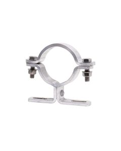 Rohrschelle Typ AR 107 aus Aluminium mit 70 mm Lochabstand, montiert mit Schrauben und Muttern, geeignet für Pfosten Ø 60,3 mm