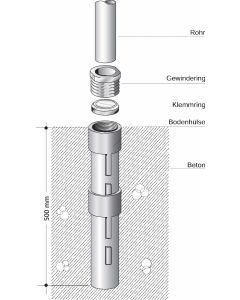 Bodenhülse 60-500 für Rohrpfosten Ø 60 mm mit 500 mm Einbaulänge und Spannsystem