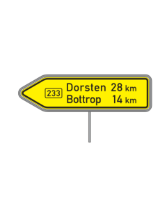 Illustration eines gelben Wegweisers in Pfeilform mit Entfernungsangaben, montiert an einem vertikalen Rohrständer