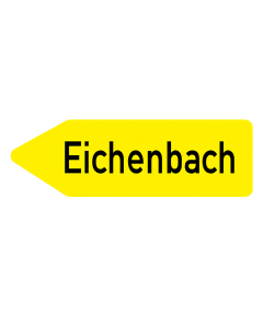 Gelber Pfeilwegweiser nach links mit schwarzer Aufschrift „Eichenbach“ gemäß VZ 419-10