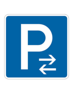 Verkehrszeichen 314-31 Parken Mitte Aufstellung links – blaues Parkplatzschild mit Pfeilen nach StVO