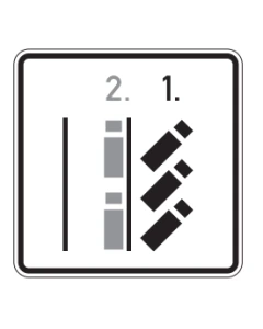 Zusatzzeichen 1053-57 mit schematischer Darstellung von Lkw-Schrägparkständen rechts und Längsparkständen am rechten Fahrgassenrand