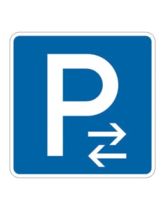 Verkehrszeichen 314-31 Parken Mitte Aufstellung links – blaues Parkplatzschild mit Pfeilen nach StVO